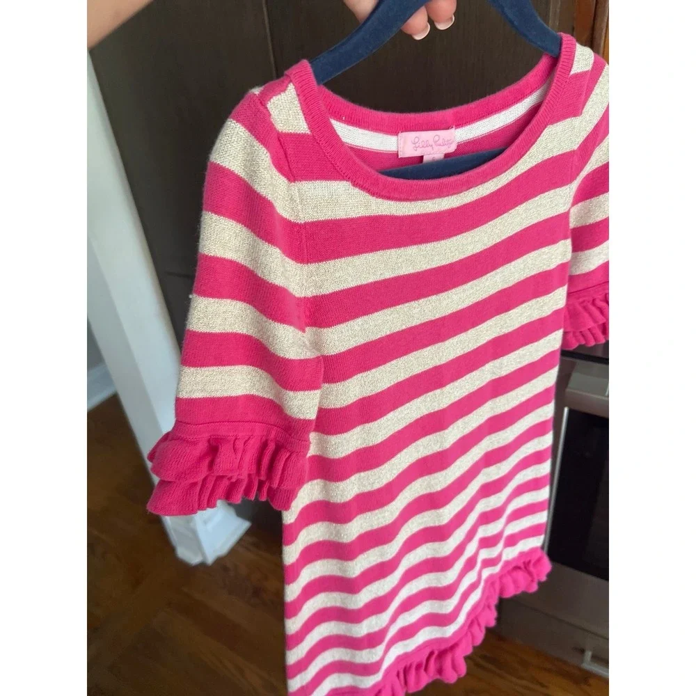 Lilly pultizer pink‎ gold stripe dress sweater size 4-5